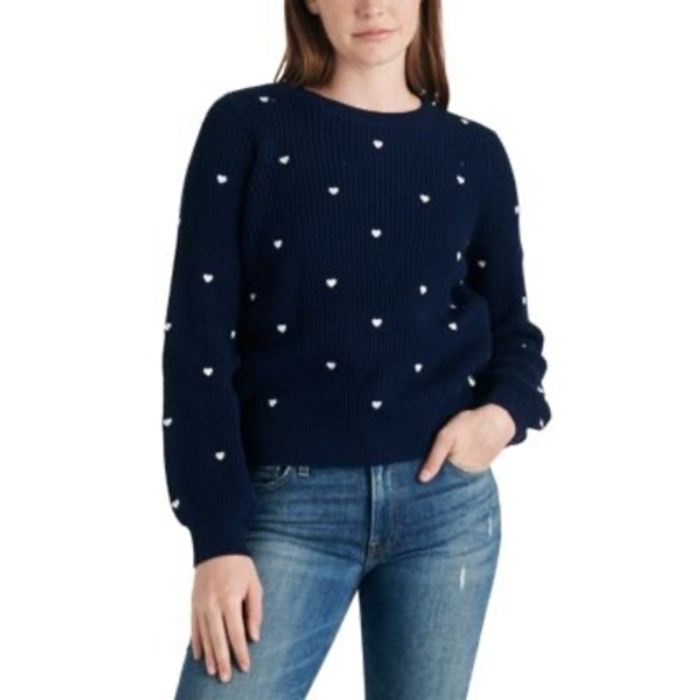 Lucky Brand Womens Navy black Ribbed‎ Heart Embroidered Pullover Sweater XS TP